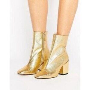 MANGO Gold Metallic Leather Ankle Boots With Block Heel & Side Zip Closure Sz 7